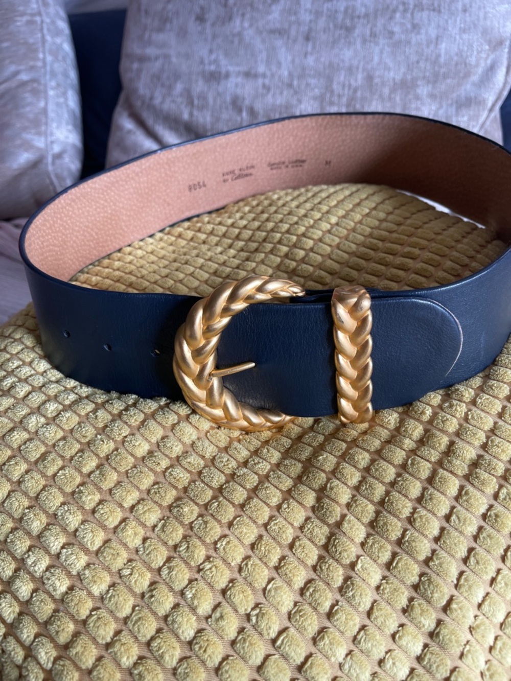 Wide Dark Navy Leather Belt with Gold Braided Buckle